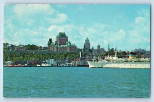 Quebec Canada Postcard Ocean Liner Arring Scene Ocean Skyline at Back c1950's