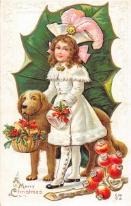 H45/ Merry Christmas Holiday Postcard c1910 Child Dog Gold-Lined 6