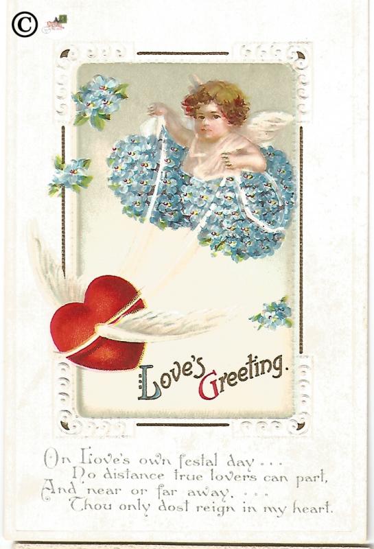 Vintage Valentine's Day Postcard Cupid riding on Heart Covered in Forget Me Nots