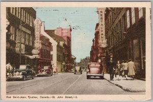 Rue Saint-Jean Quebec Canada Street Scene 1949 Postcard Cars Pastor Cafe H83