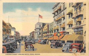 Virginia Street Looking North Cars Reno Nevada 1940s linen postcard