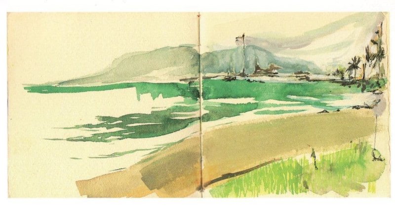 Sunset on Malaga Beach Spain Stunning Sketch Painting Postcard