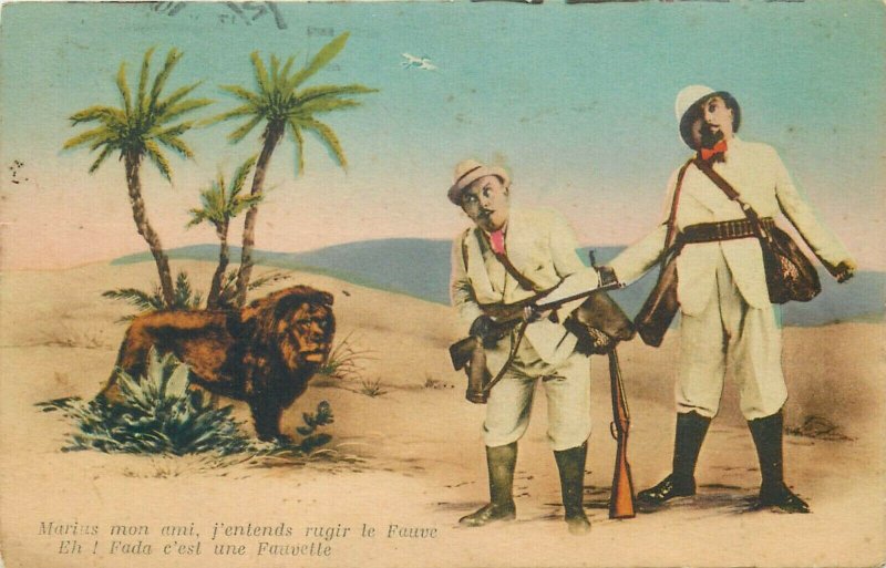 Savannah hunters lion rifle French humour comic hunting postcard