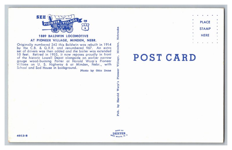 1889 Baldwin Locomotive Pioneer Village Minden Nebraska Postcard