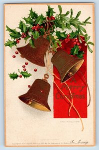 Ellen Clapsaddle Signed Postcard Christmas Ringing Bells Holly Berries Embossed