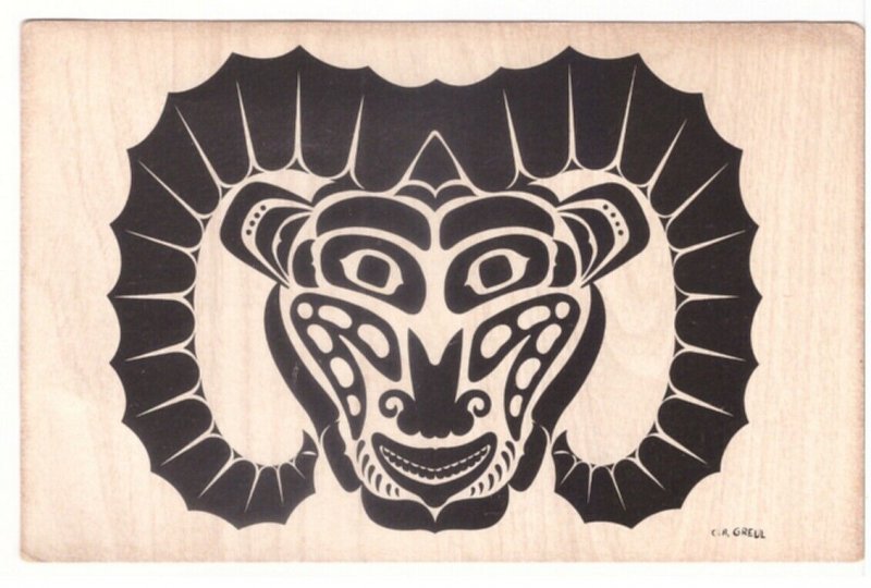 Pacific Northwest Indian Motif, RAM, Mask, Vintage Postcard, Signed C.B. Greul