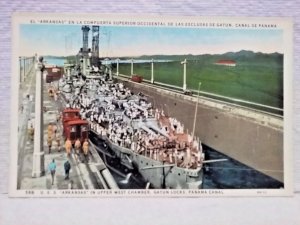 Panama Canal Gatun Locks USS Arkansas with navy crew on board postcard