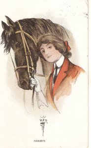 Elegant  lady with her horse. Favourits Old vintage antique   postcard
