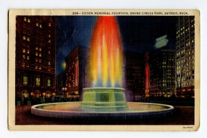 Edison Memorial Fountain Grand Circus Park MI Vtg. Postcard Standard View Card