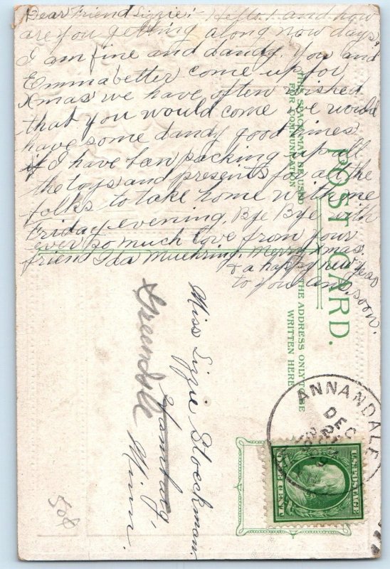 1909 Christmas Holy Angel With Flowers Holly Berries Embossed Antique Postcard