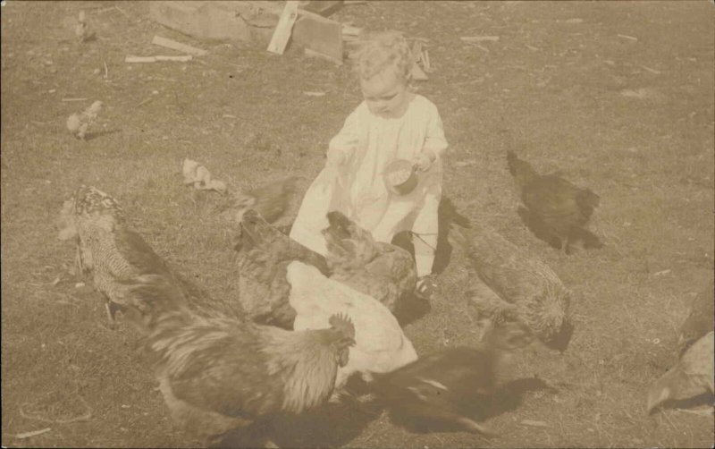 Cute Little Girl in Yard Feeding Chickens Amateur Real Photo Postcard #2