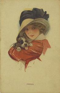 ARTIST SIGNED-FRIENDS-WOMAN HOLDING DOG-EARLY-K41813