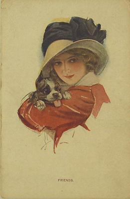 ARTIST SIGNED-FRIENDS-WOMAN HOLDING DOG-EARLY-K41813