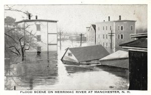Vintage Postcard Floods Scene On Merrimack River At Manchester New Hampshire