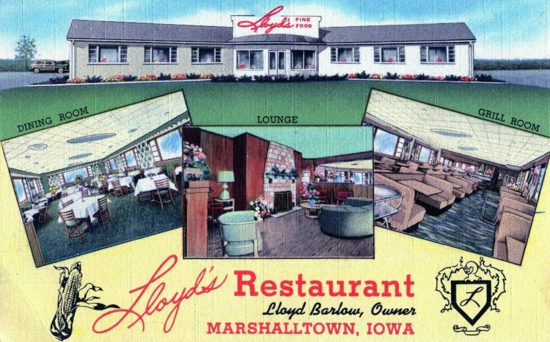 VTG 1930s Lloyds Restaurant Lounge Dining Room Marshalltown Iowa IA Postcard