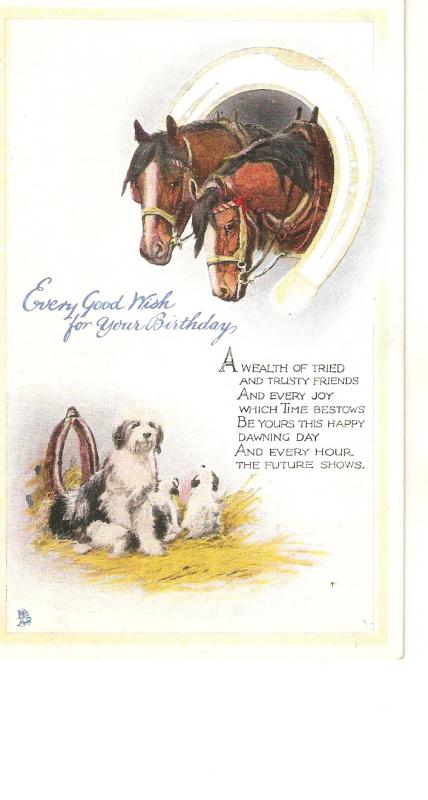 Horses in Horseshoe. Dogs Tuck Gem Glosso Birthday Greetings Ser PC #