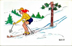 Kromecolor Comic Card Funny Woman Ski Skiing Around Tree Chrome Postcard UNP 