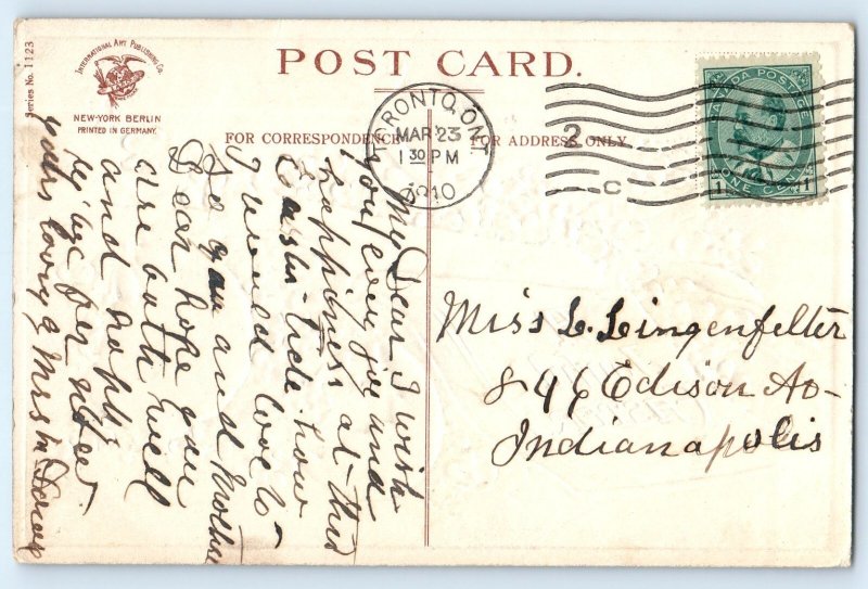 1910 Easter Hatched Egg Chick Blue Flowers Clapsaddle Toronto Canada Postcard