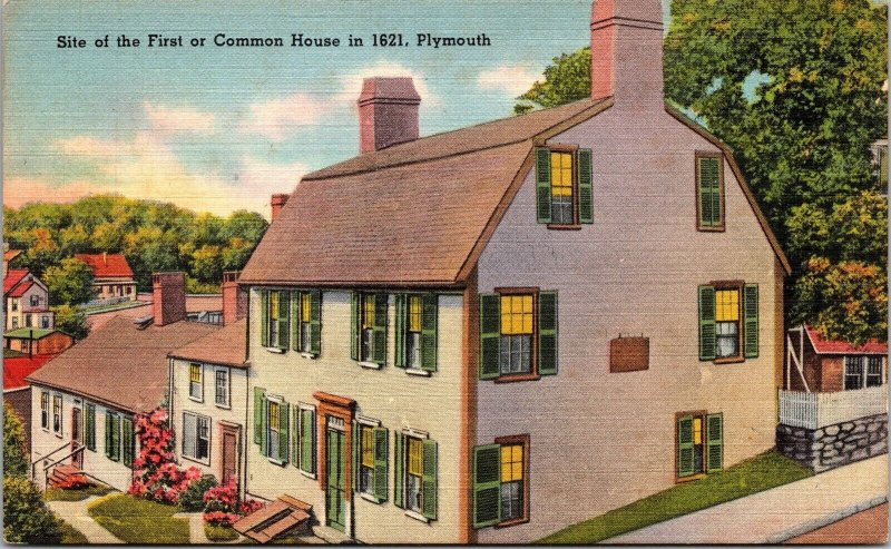 First Or Common House Streetview Plymouth Massachusetts Linen Postcard 