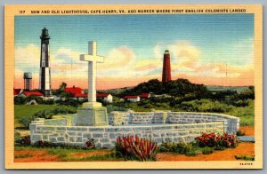 Postcard Cape Henry VA c1937 New & Old Lighthouse Marker First English Colonists