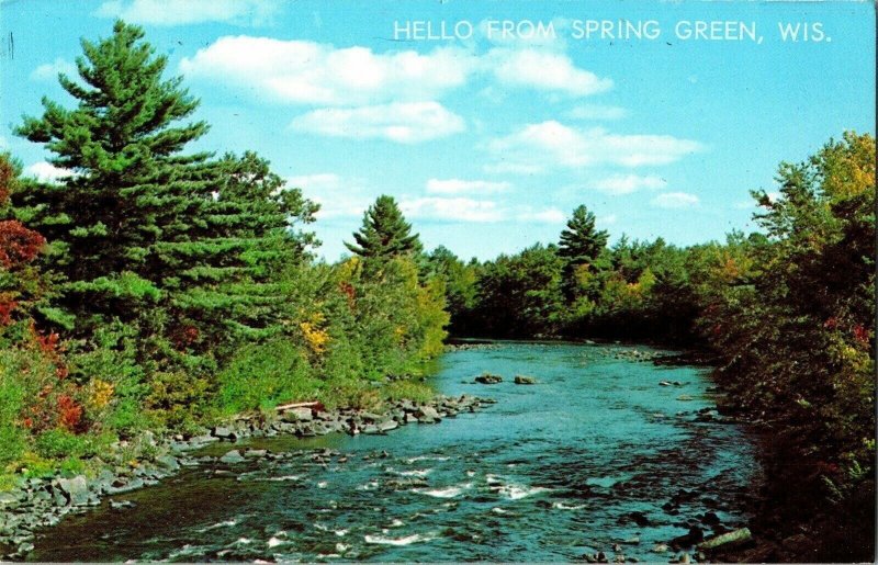 Hello Spring Green Wis North Countrs Sky Blue Waters Magical Blend Vtg Postcard 