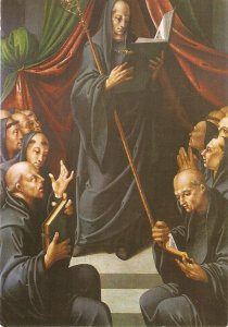 Luis Morales. Saint Benedict with Monks Fine painting, modern Spanish postcard