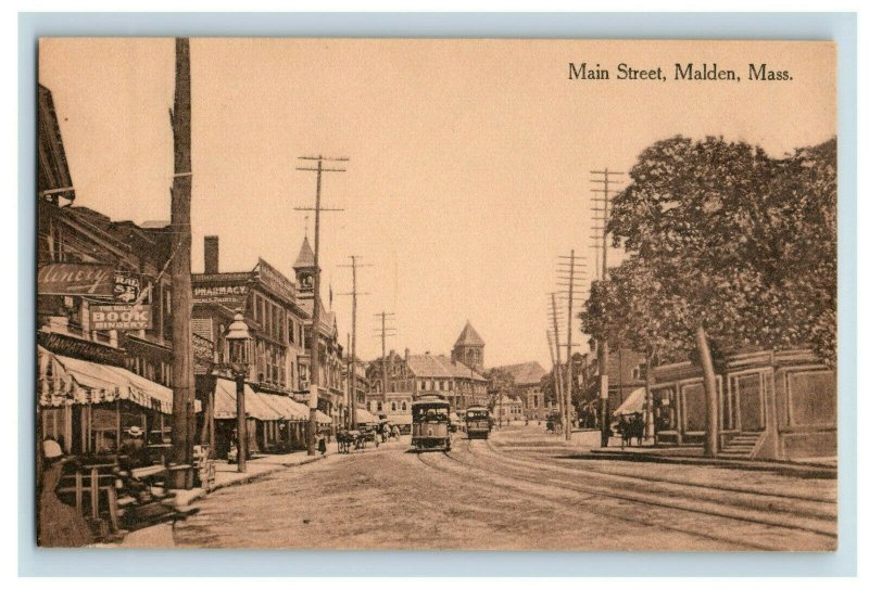 C.1910 Trolly Signs Horses Main Street, Malden, Mass. Postcard P175