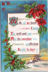 Merry Christmas - holly poinsettia by P. Sanders Posted 1910 MI