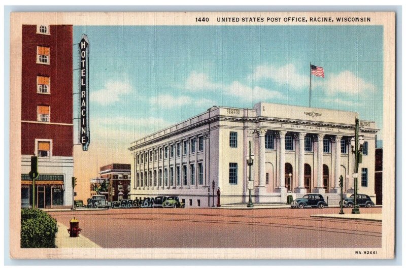 United States Post Office Cars Street View Racine Wisconsin WI Vintage Postcard 