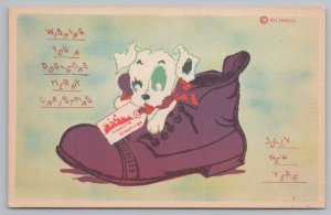 Christmas~Dog w/Red Bow In Boot~Doggone Merry Holiday Wish~Vintage Postcard 