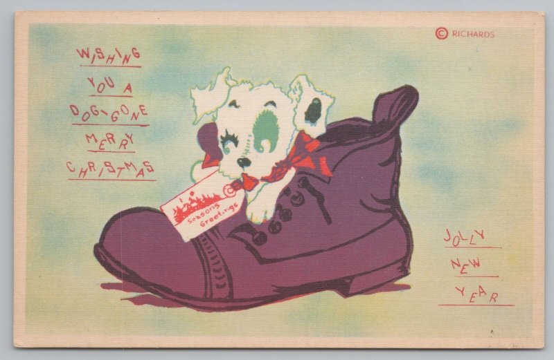 Christmas~Dog w/Red Bow In Boot~Doggone Merry Holiday Wish~Vintage Postcard 
