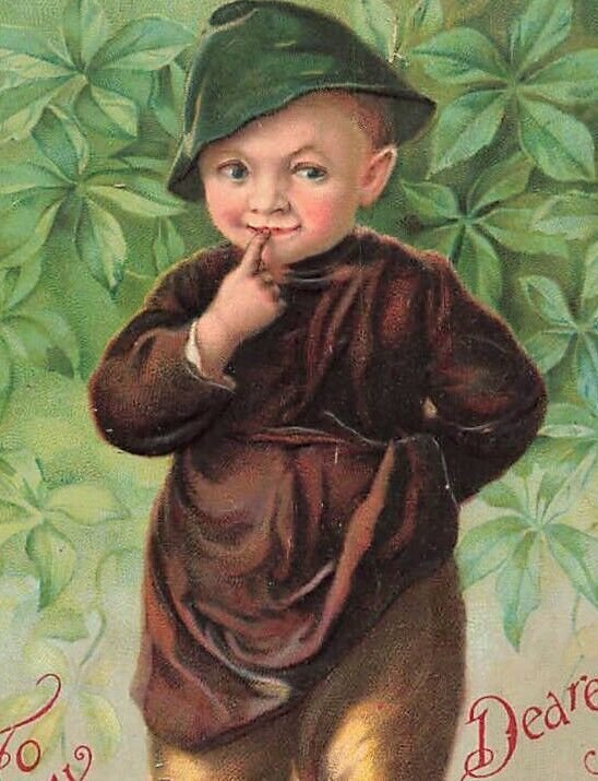 c1910 Adorable Young Boy Clover Embossed Germany Valentines Day P375 