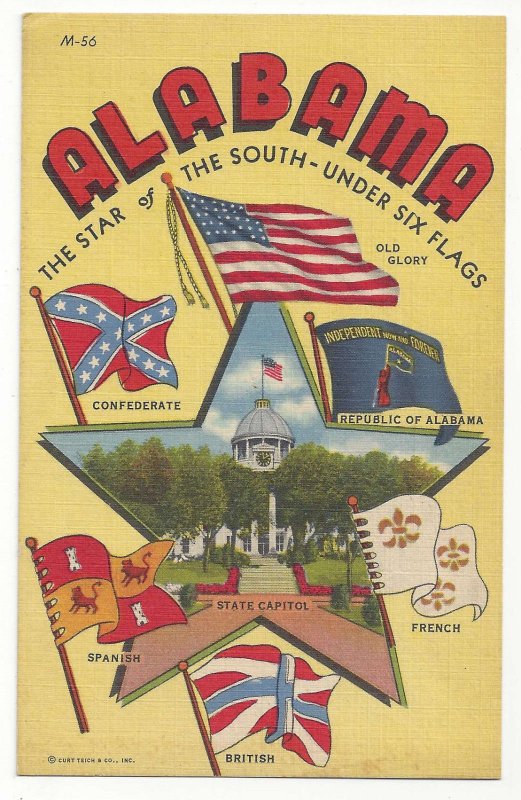 AL Large Letter Six Flags Alabama Star of the South Vtg 1942 Linen Postcard