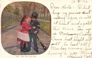 Vintage Postcard 1906 Sweet Little Couple At Forest Hug His Soldier Boy