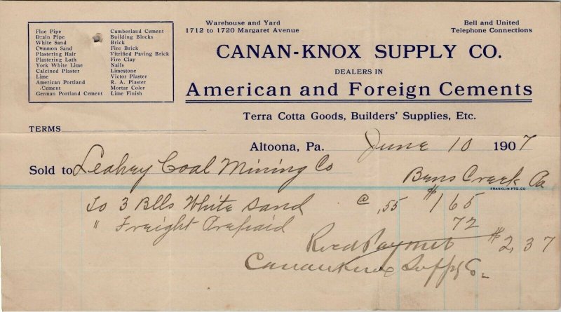 Altoona PA Canan Knox Supply 1907 to Leahey Coal Co Bens Creek PA Billhead BH44