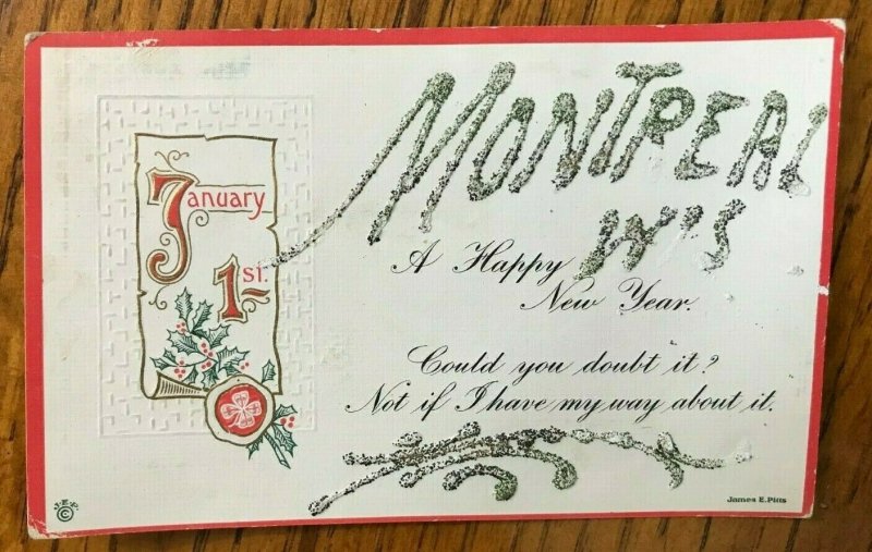 MONTREAL WISCONSIN WRITTEN IN GLITTER-HAPPY NEW YEAR POSTCARD