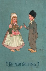 Vintage Postcard 1908 A Happy Birthday Greetings Little Girl and Boy Dutch