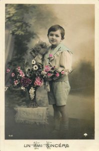 Postcard Greetings France flowers bouquet basket rose multi color boy young
