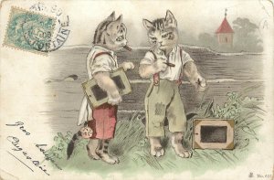 Postcard Anthropomorphic Dressed Cat School Boys Smoke Cigars Behind Fence 655