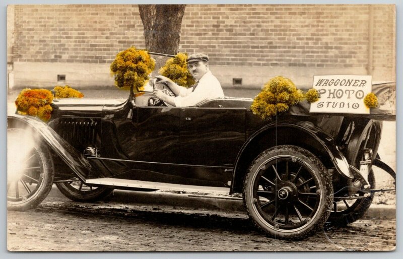 Red Oak IA~Esther's New Car H on Tires Decorated w/Color Flowers~Waggoner RPPC