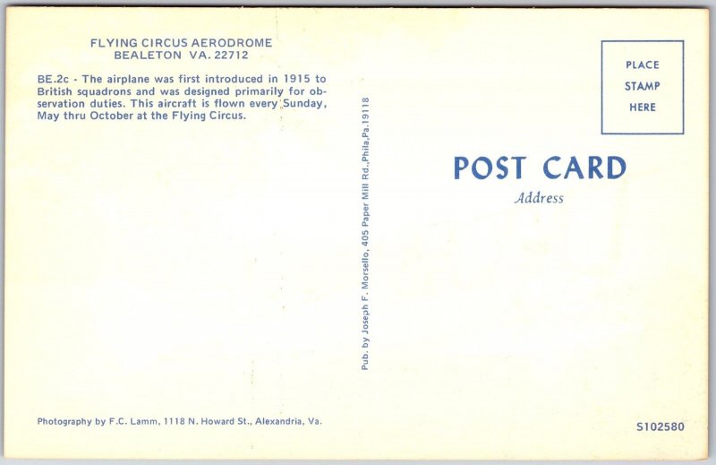 Flying Circus Aerodrome Bealeton, Virginia Airplane Aircraft Flown Postcard