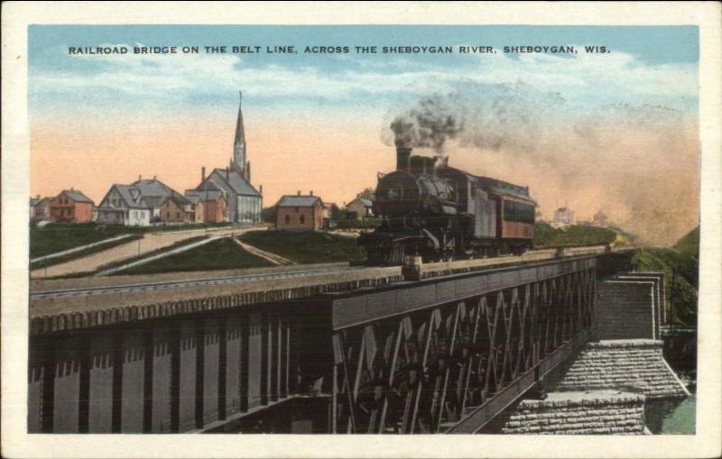 Sheboygan WI Railroad Bridge Train c1920 Postcard