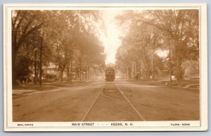 Keene NH Trolley Down Main Street~Huge Homes~Booth Thingy~GH Tilden RPPC c1910
