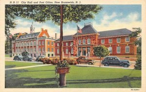 NEW BRUNSWICK, NJ New Jersey  CITY HALL & POST OFFICE  c1940's Linen Postcard