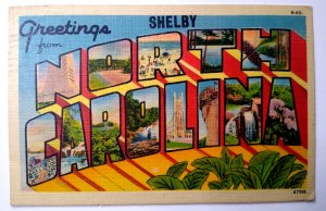 Greetings From Shelby North Carolina Large Letter Linen Postcard 1943 Vintage