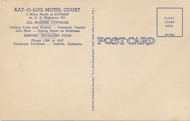 1948 Kat O Log Motel Court Dothan Alabama Advertising Linen Postcard