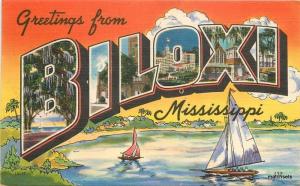 1951 Biloxi Mississippi Linen Multi View Sailboats Colorpicture Large Letter 
