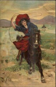 Beautiful Cowgirl Lasso Roping Riding Horse c1910 Postcard