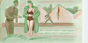 Mutoscope WWII Postcard Who Won the Bathing Beauty Contest Woman in Fur Coat