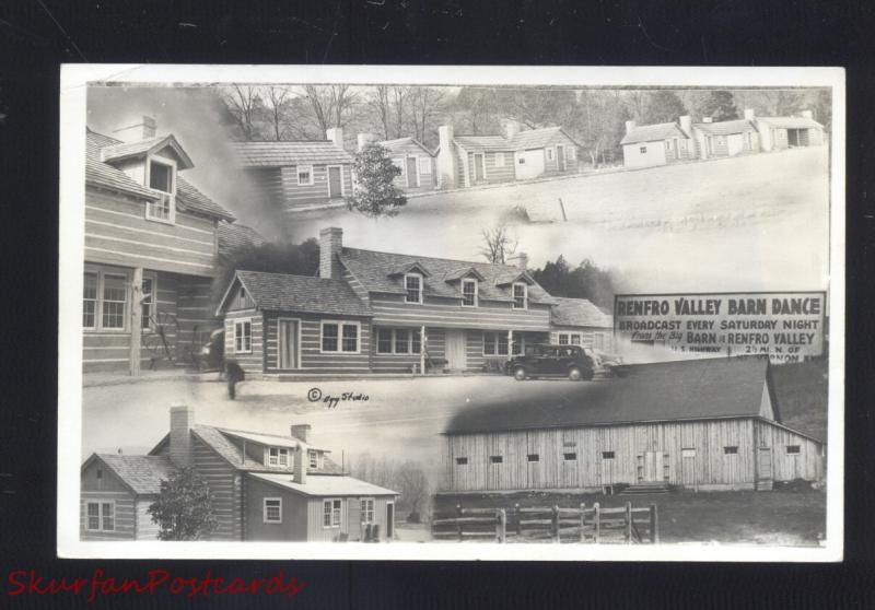 RPPC RENFRO VALLEY BARN DANCH KENTUCKY LOG CABIN OLD CARS REAL PHOTO POSTCARD